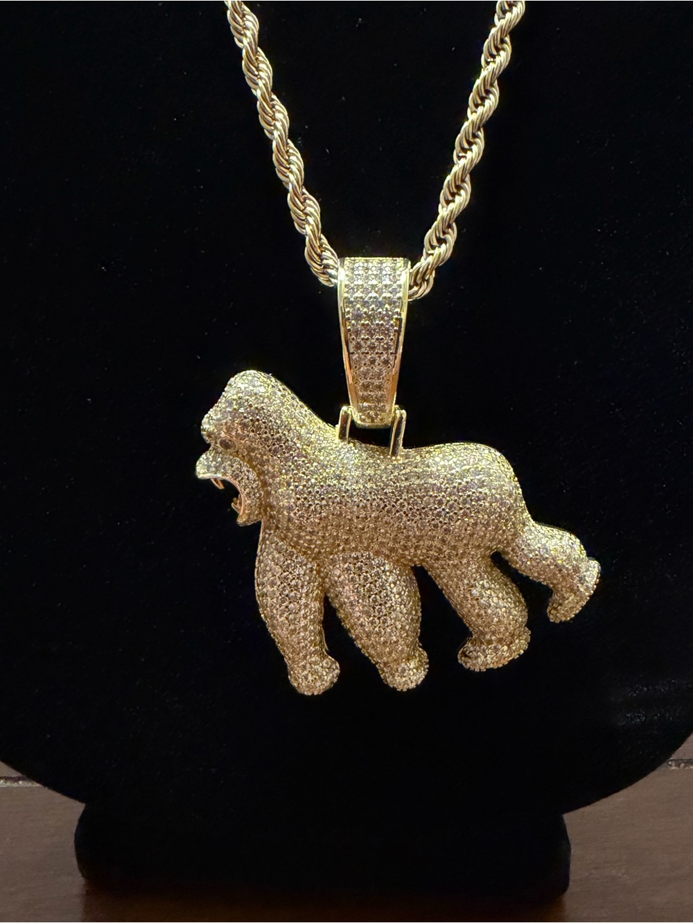 Gold Gorilla   Pendant Necklace - Sparkling Gold Tone